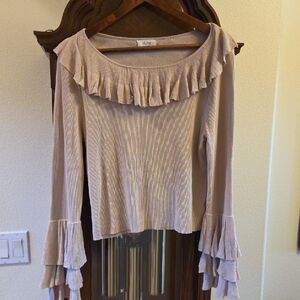 Ruffled Long-Sleeve Women’s Top in Light Taupe